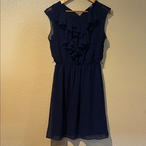 Navy Ruffle Front Sleeveless Dress